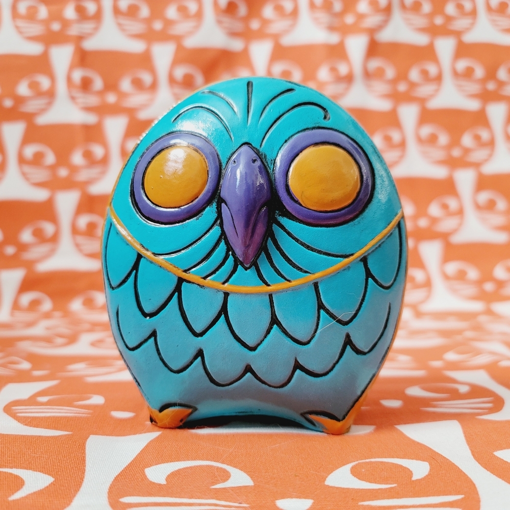 Vintage Turquoise Owl Piggy Bank Pride Japan 1969, GORGEOUS colours!